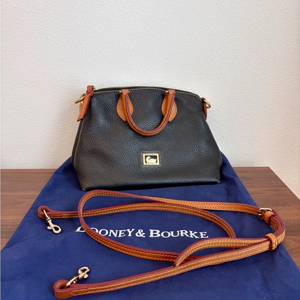 Dooney & Bourke Black Pebble Leather Crossbody with Tan Trim and Gold Hardware